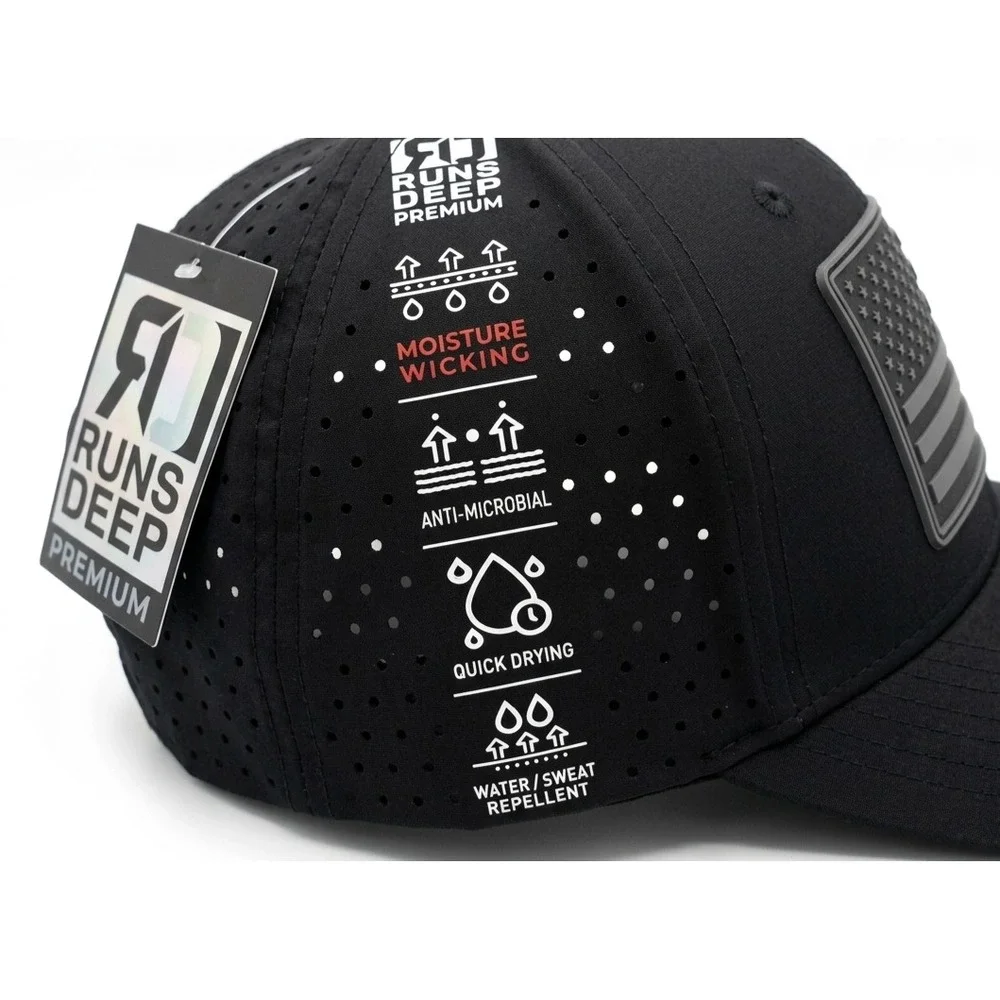 Runs Deep Premium Tactical American Flag Black Moisture Perforated Mesh Snapback